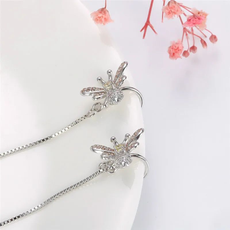 

925 Sterling Silver Earrings Bee Long Chain Stud Earrings for Women Fashion Clear CZ Zircon Ear Jewelry Gift