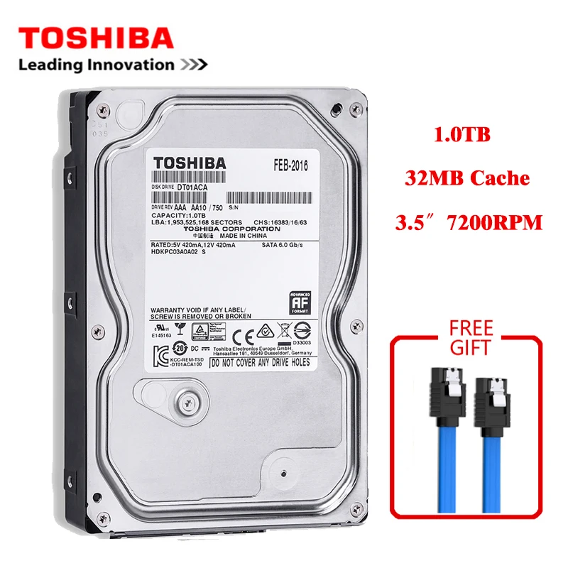 Toshiba brand 1000GB desktop computer 3.5" internal mechanical hard disk SATA2/SATA3 6Gb/s hard disk 1TB HDD 7200RPM 32MB buffer