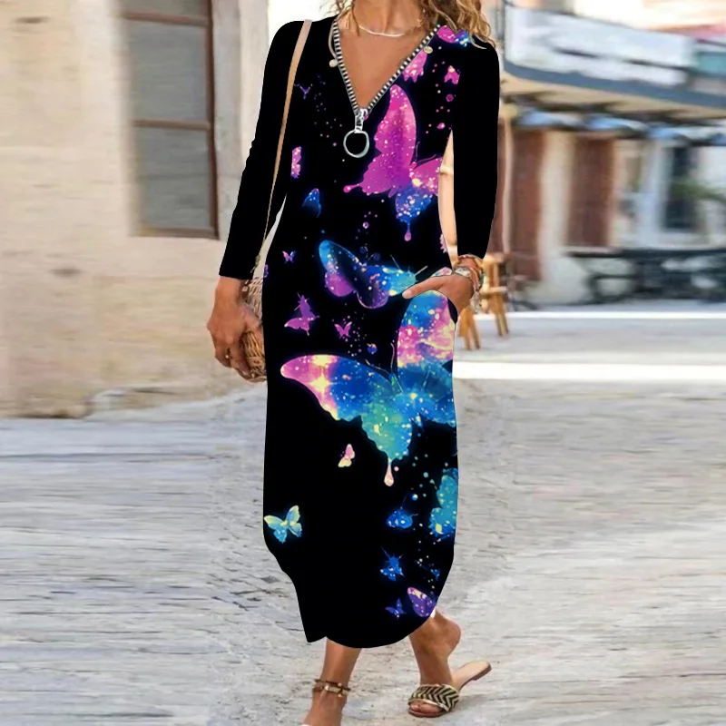 

New 3D Butterfly Gradient Printed Dress 2021 Vintage Casual Long Sleeve V-Neck Zipper Elegant Dress Autumn Dress Woman Vestidos