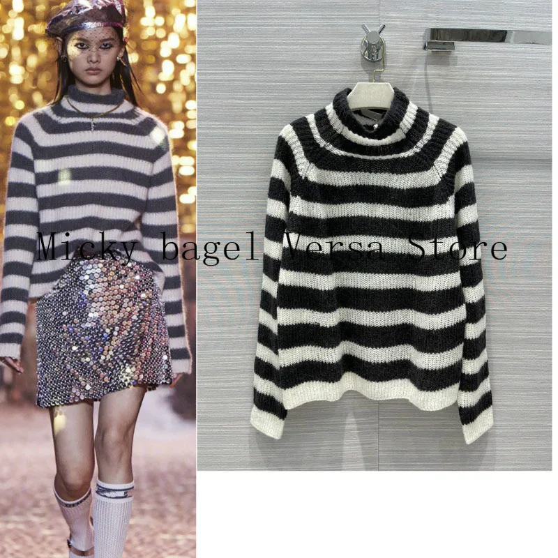 

21 luxury brand color matching stripe fashion women's long sleeve temperament versatile high collar casual loose mohair sweater