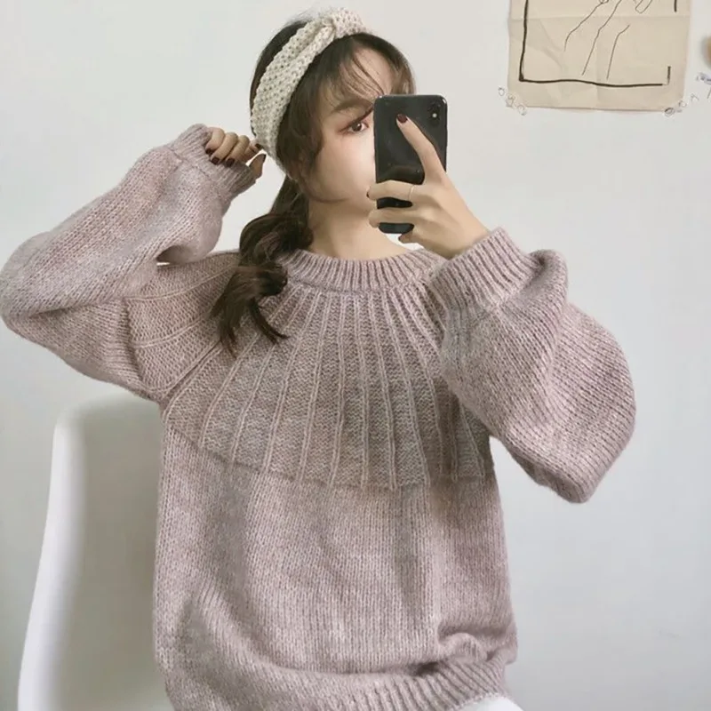

Korean Style Sweet Loose Lantern Sleeve Bowtie Lace Up Sweater Women Knitted Loose Solid Color Jumpers Pullover Drop Drop Hot