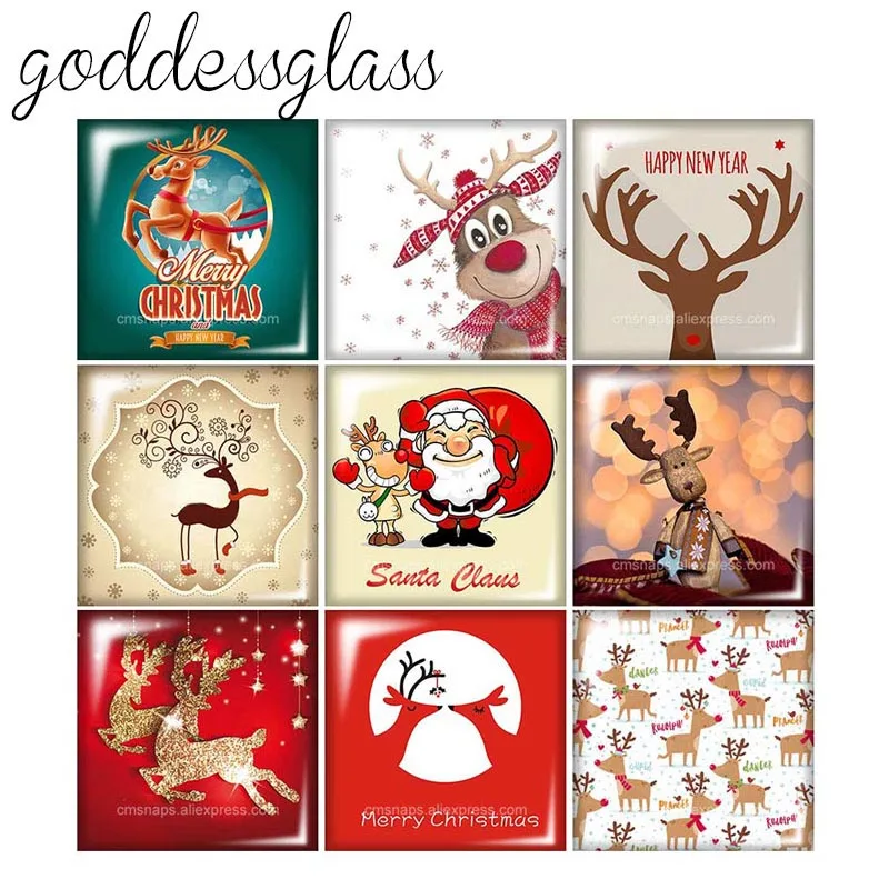 

Christmas moose reindeer Merry Christmas Cute Square 10pcs 12mm/20mm/25mm/30mm glass cabochon flat back DIY Jewelry Findings