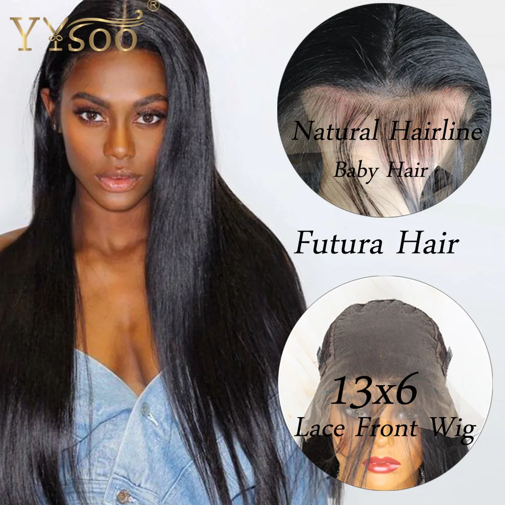 YYsoo Long Silky Straight #1 Black13x6 Japan Heat Resistant Futura Synthetic Lace Front Wigs for Women With Babyhair 6inch Part