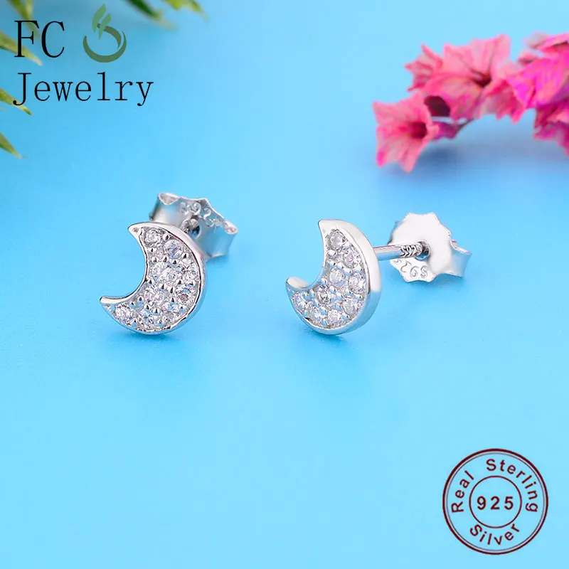 

FC Jewelry 925 Sterling Silver Cute Geometric Mini Moon White Crystal Stone Stud Earrings Women Party Accessories Brincos 2020