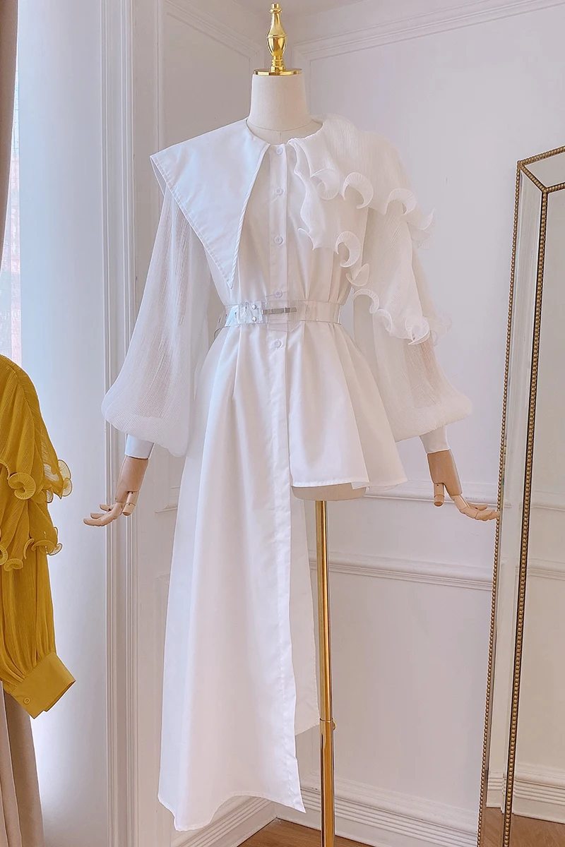 

New Irregular Puff Sleeve Shirt 2021 Early Spring Stitching Ruffles Waist-Tight Asymmetric Top Long Side for Women High Street