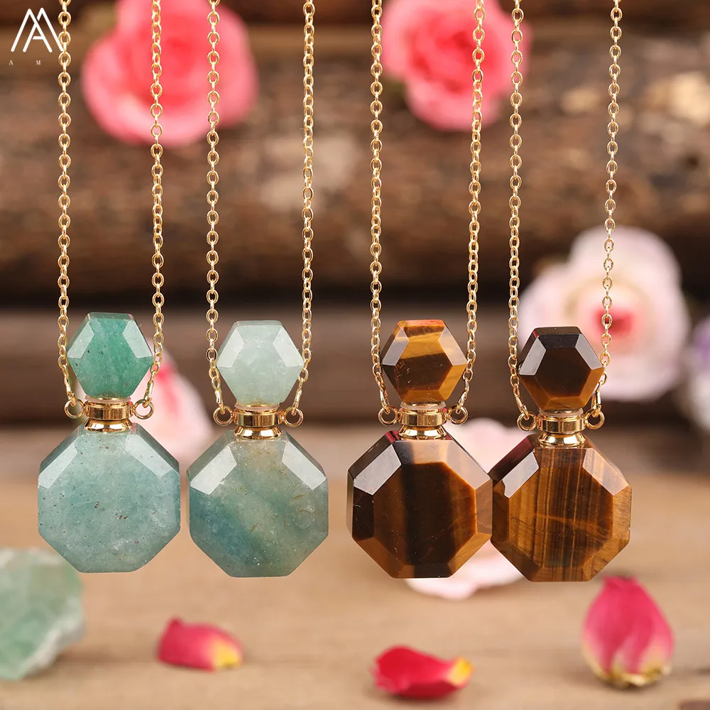 

Natural Green Aventurine Tiger Eye Stone Octagon Perfume Bottle Essential Oil Diffuser Pendant Necklace For Women Jewelry