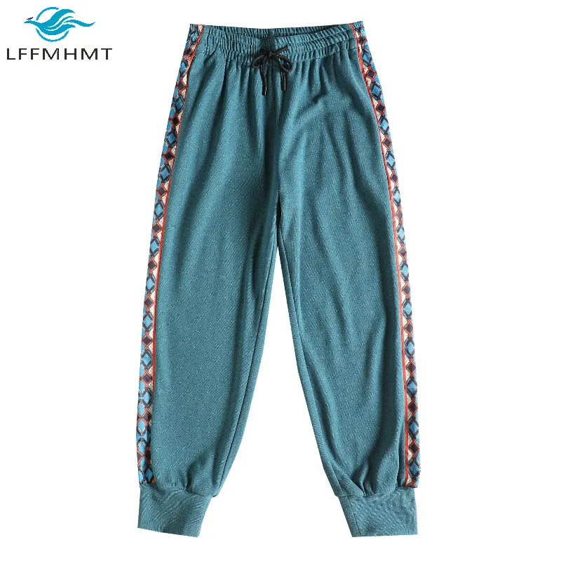 

Women Autumn Fashion High Waist Slim Fit Wild Pants Female Office Lady Side Vintage Printed Elastic Waist Loose Harem Trousers