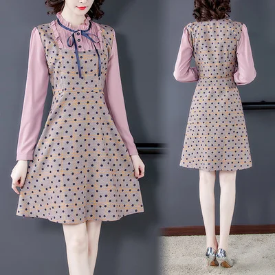 

Autumn new temperament age reducing temperament retro long sleeve polka dot stitching fake two-piece dress
