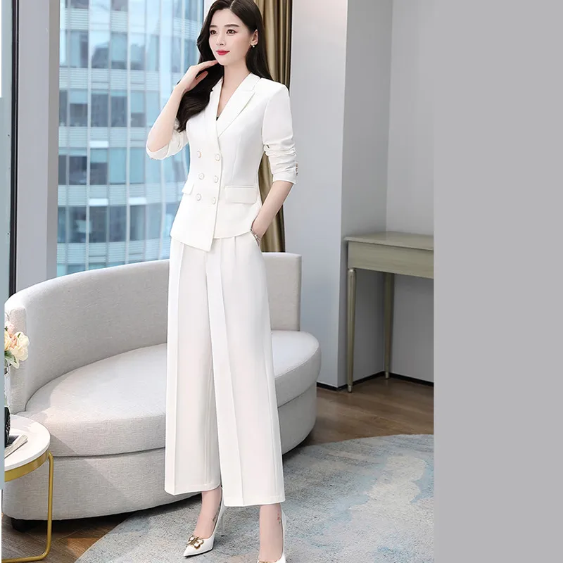 

Fashion Solid Women Blazer Suits Long Sleeve Double Breasted Blazer Pants Set 2021 Spring Office Two-piece Blazer Pant Suit Belt