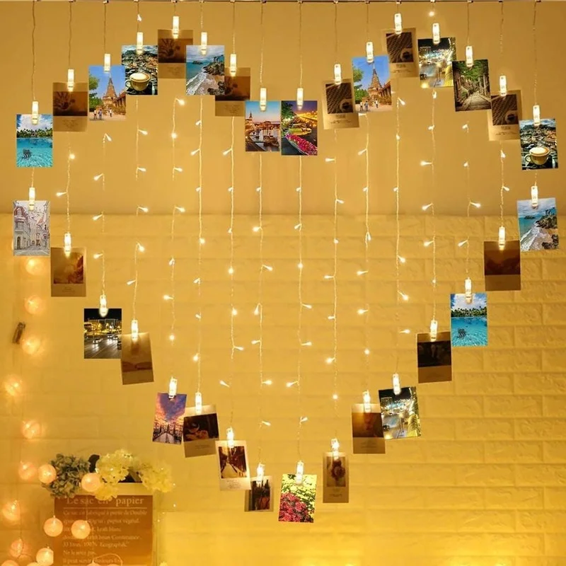 

2M*1.5M 124LEDs Heart Shaped Photo Clips String Light Icicle Curtain Lights Sweet Ambience Decoration for Birthday Party Wedding