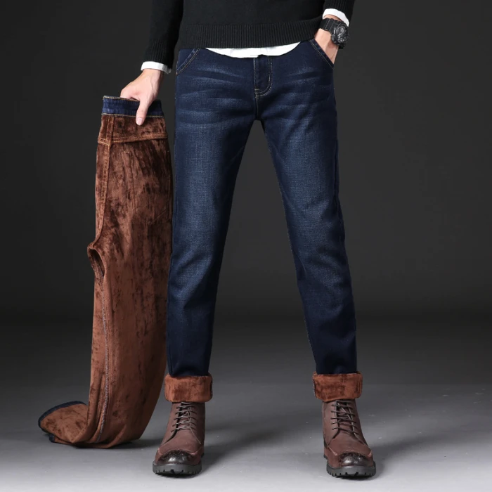 Супер теплые Брендовые мужские джинсы флисовые смарт повседневные однотонные