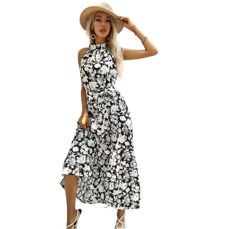 

Summer Women Dress 2021 Fashion Floral Print Sleeveless Woman Dresses Sling Lace Split Sexy Boho Casual Office Dress