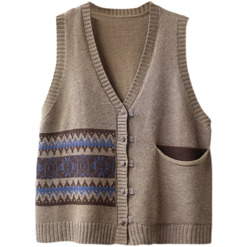 

Women Vintage Vests Sweaters DA Print Floral Button V-Neck Korean Style Sleeveless Pockets Bushness Casual Spring Vests Sweaters