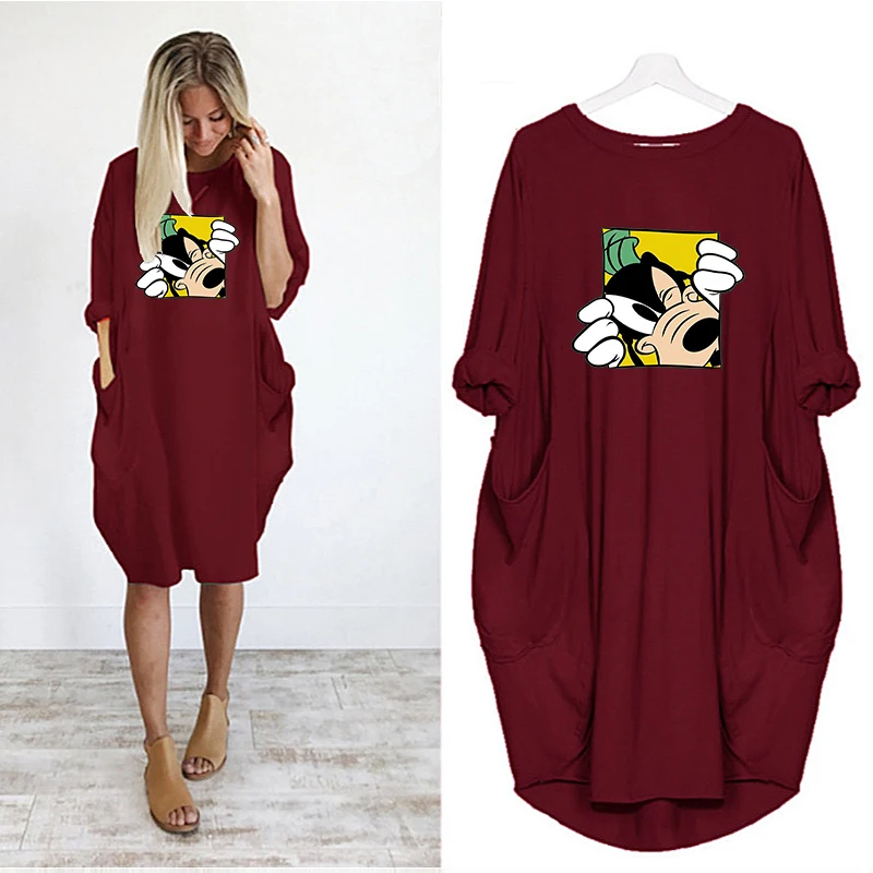 

Disney Midi Dress Pockets Cartoon Goofy Print Dresses for Women 2021 Loose Simplicity Robes Femme Vintage Casual Vestidos Kawaii