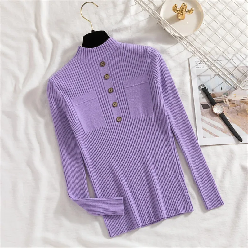 2019 Autumn Winter Half Turtleneck Sweater Women Button Warm Knitwear Pullover Female Knitted Sweaters Slim Soft Bottoming Tops | Женская