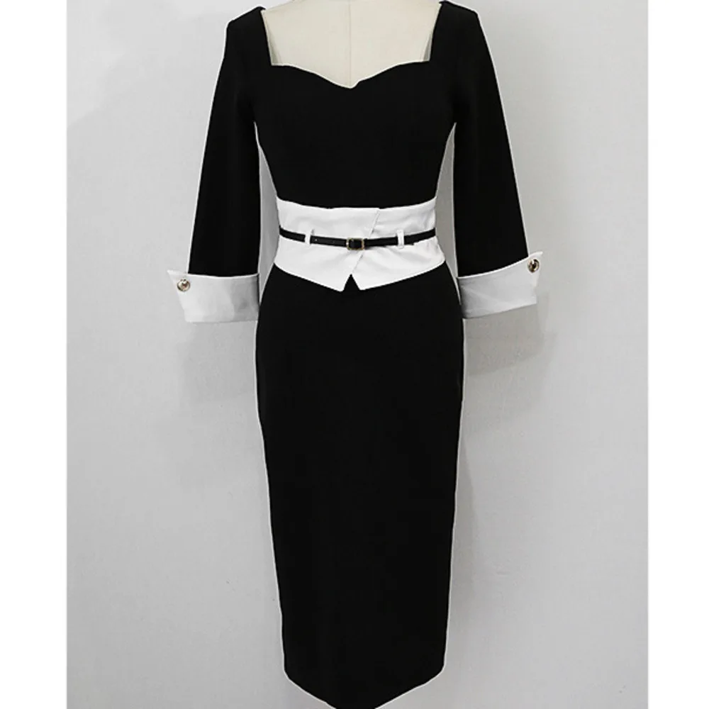 

Spring Women Bodycon Dress Black White 3/4 Sleeve Belt Sexy Dress Contrast Color Female Patchwork Pencil Dress OL Clothing 2021