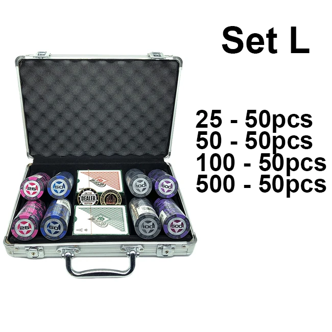 Set L Набор фишек для покера серии World, 200 шт., с дилером и все в комплекте, 2 пластиковые игральные карты и чемодан, 40*3,4 мм, 14 г - Цвет: Set L