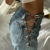 high waist women denim shorts jeans chain lace up side slit sexy trendy harajuku korean short trousers irregular summer 2020