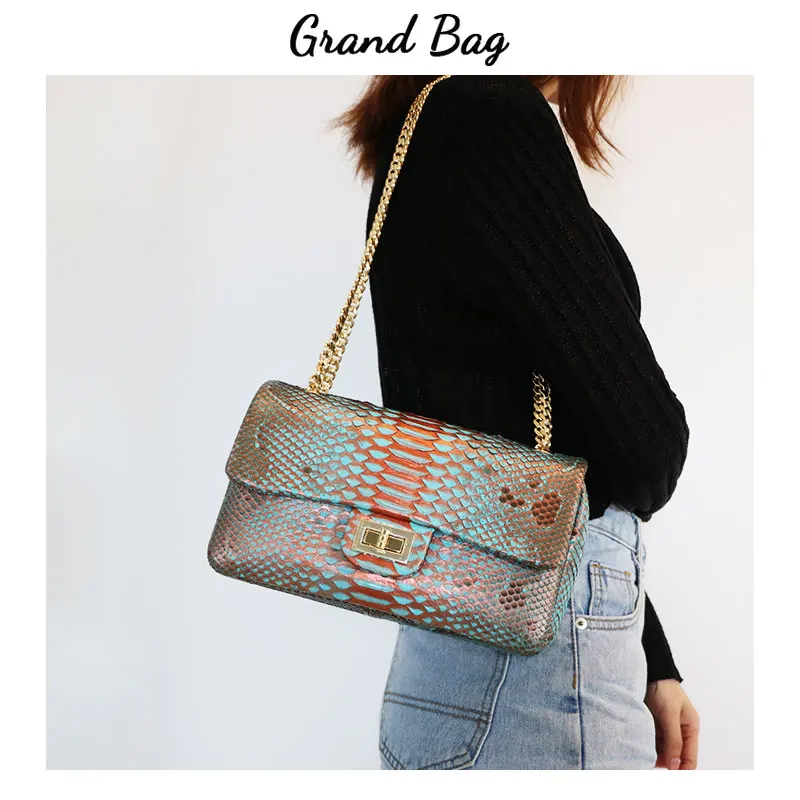 

High quality luxury genuine python skin chain purse women multicolor snake leather ladies crossbody chain bag