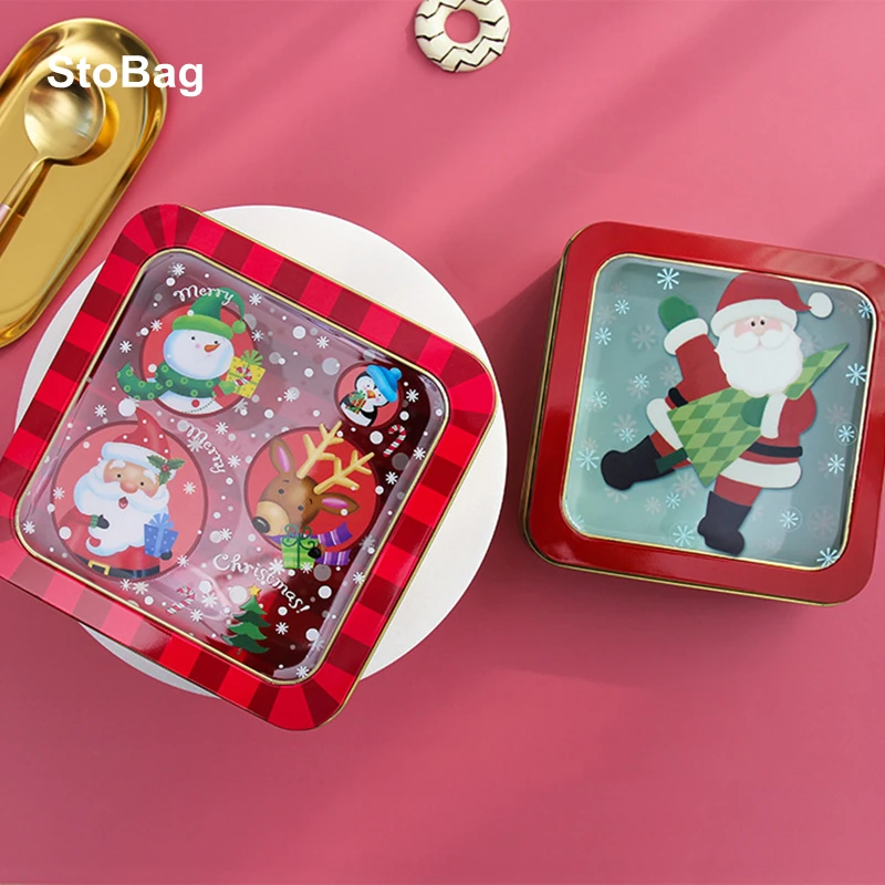 

StoBag Merry Christmas Candy Gift Packaging Tin Box Santa Claus With Clear Window Green/Red Box Storage Cookies Chocolate Favors