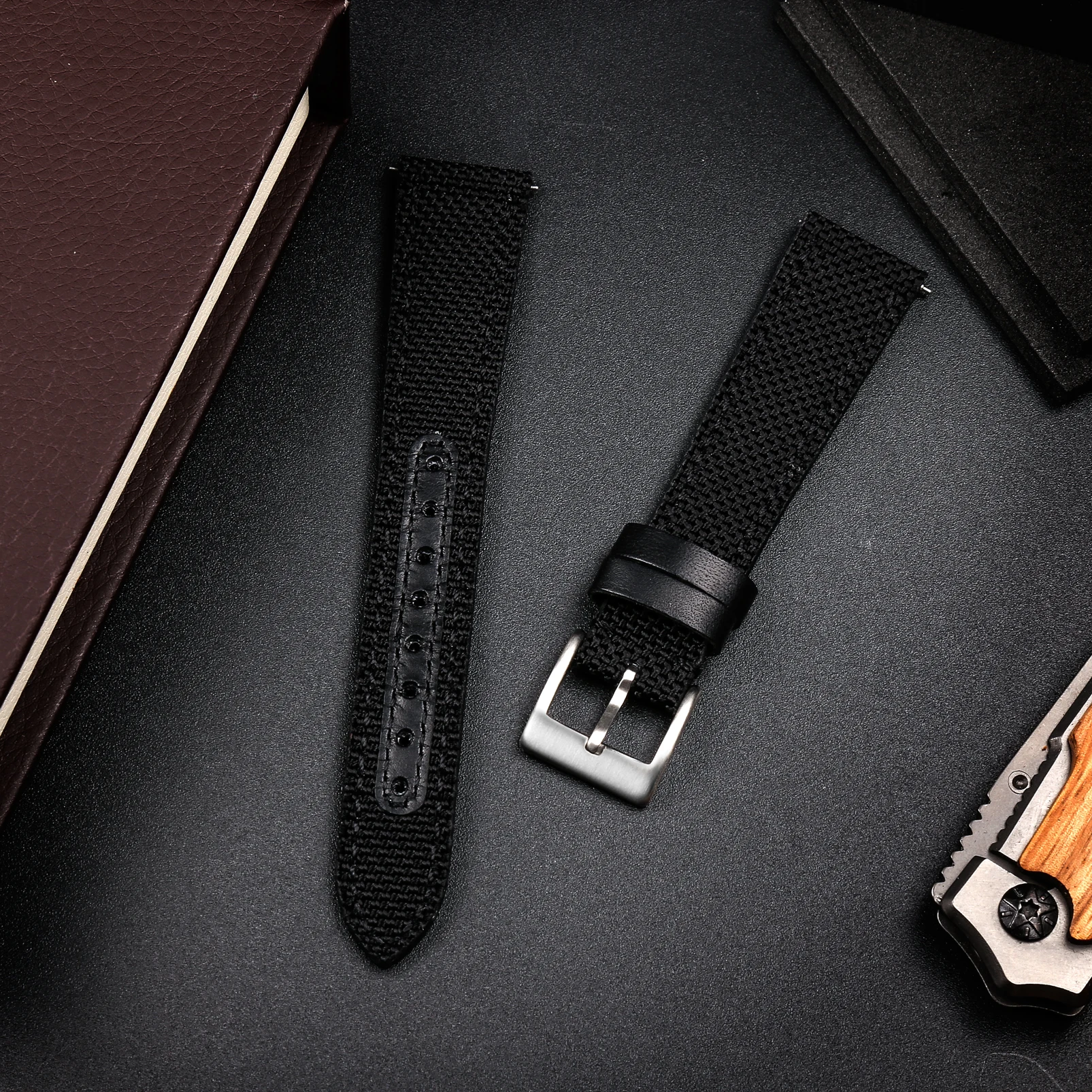 Ремешок из кордуры Hemsut для наручных часов нейлоновый черный браслет двух частей