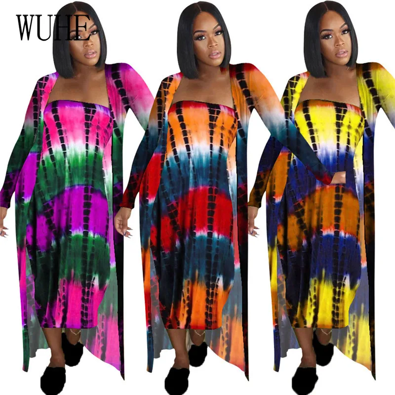 

KEXU Tie Dye Print 2 Sets Breast Wrap Off Shoulder Sleeveless Dresses+Long Sleeve Cardigan Vintage Party Nightclub Casual Wear