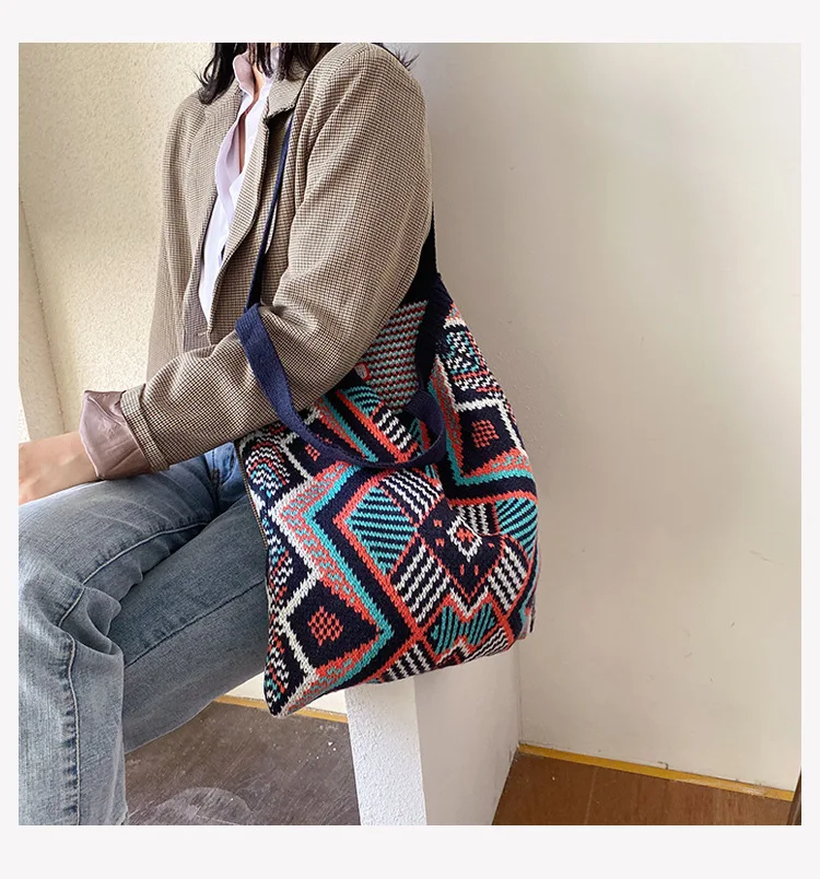 

Lady Knitting Gypsy Bohemian Boho Chic Aztec Tote Bag Women Crochet Woolen Open Shopper Top-handle Bag 2020 Female Daily Handbag