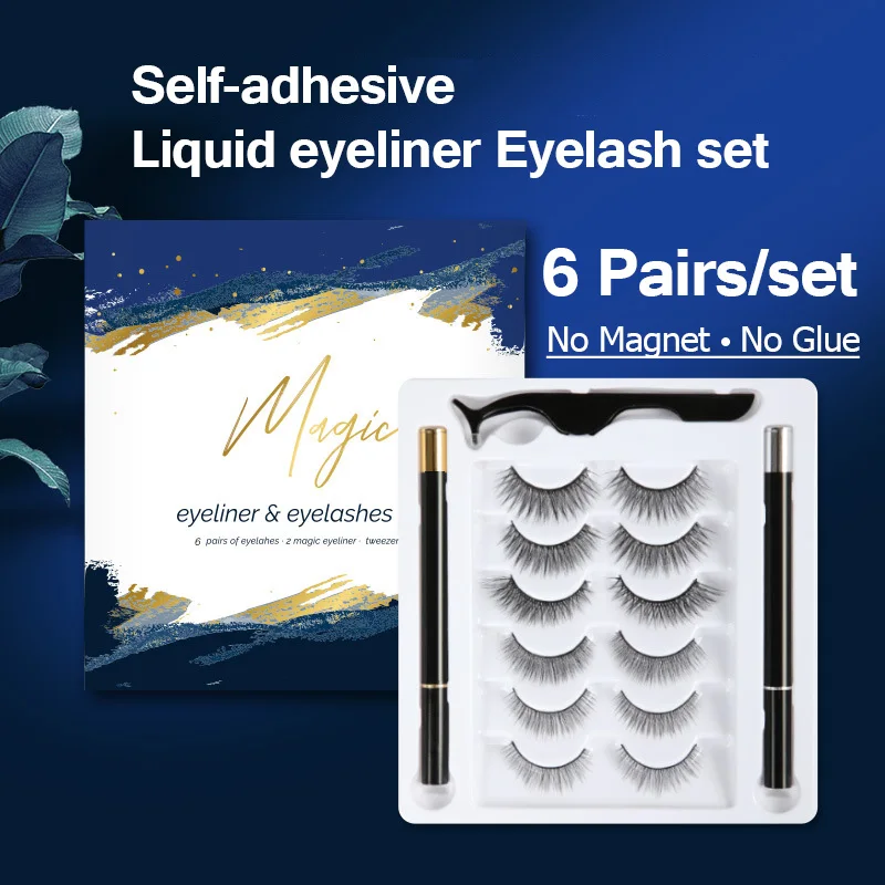 6 Pairs Mixed Eyelashes & New Self-adhesive Liquid Eyeliner Set Waterproof Non Magnet Quick-drying Eyeliner Lashes Wholesale