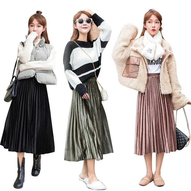 

Gold Velvet Skirt Mid-length Women's Autumn/Winter New Loose Large Pleated Skirt High-Waist A-Line Skirt Slim Long Skirt Ladies
