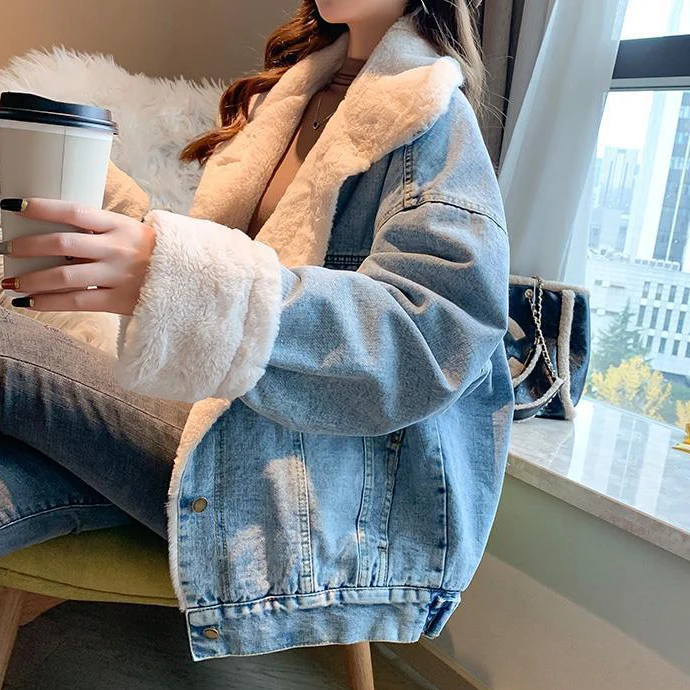 Winter new Korean style loose rabbit hair thick denim jacket female lamb wool coat  jacket women winter  Solid  Winter  Regular