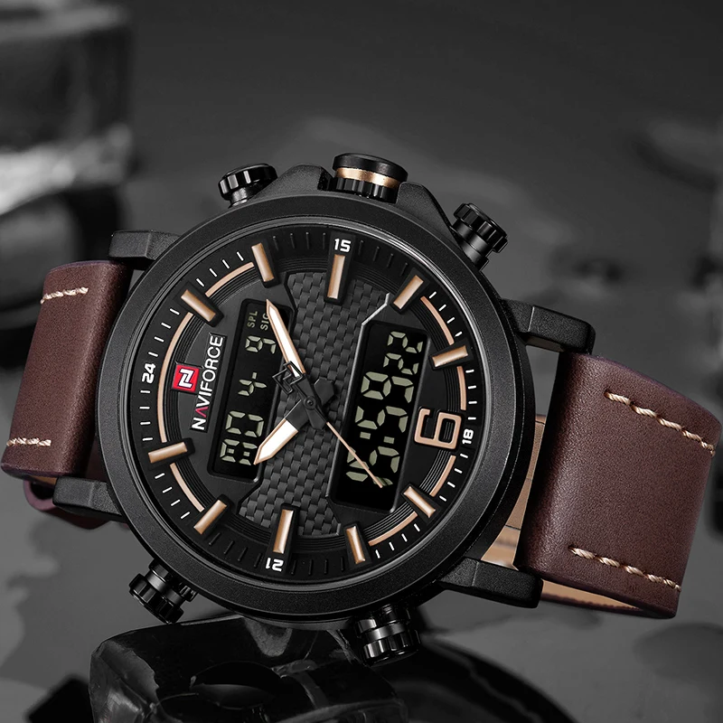 NAVIFORCE LED цифровые спортивные мужские часы водонепроницаемые роскошные кожаные