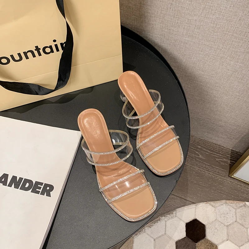 

Fashion Women Sandals Rhinestone Crystal High Heels Sexy Transparent Peep Toe Half Slippers Casual Clear Slides Summer Shoes