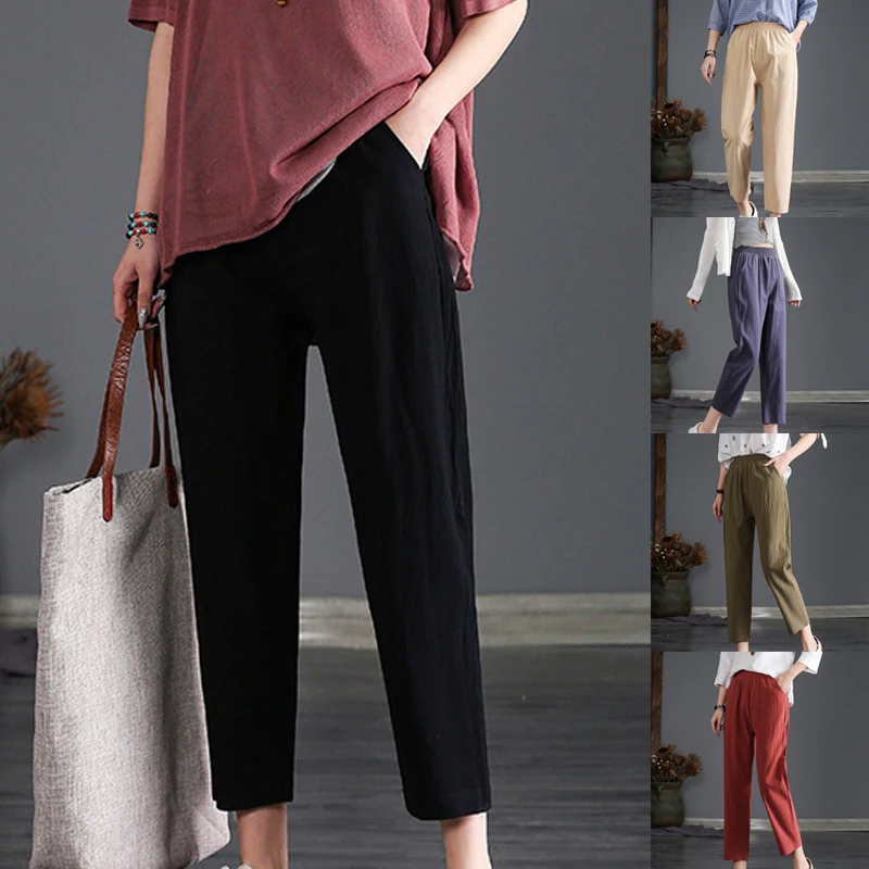 

Women Radish Pants Baggy High Waisted Trousers Loose Capri Pants Linens Thin Nine Point Sweatpants 5 Colors S-4XL