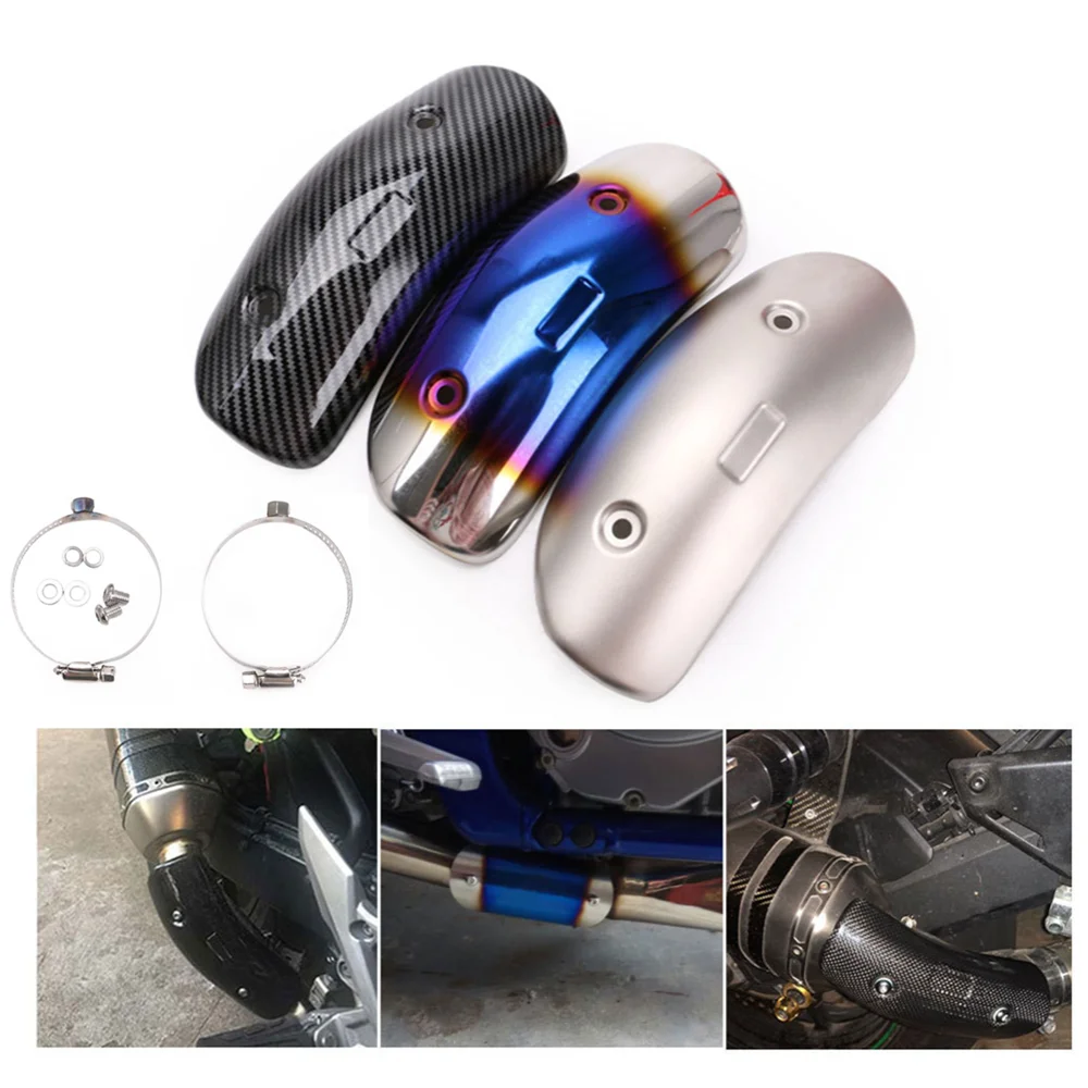 

Blue/Chrome/Carbon Fiber Motorcycle Curved Exhaust Muffler Pipe Heat Shield Cover Guard Protector Universal for Honda Harley