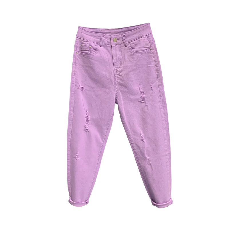 

European Streetwear High Waist Purple Jeans Women Slim Jeans Pants Female 2020 Summer New Ripped Hole Harem Denim Pants