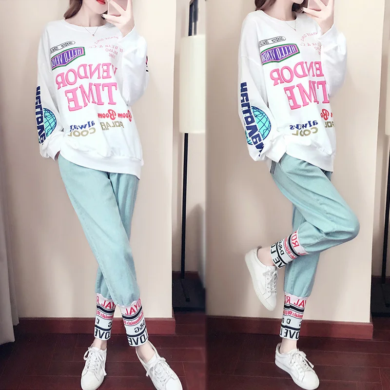 

Fashion Trendy loose Tracksuits Chic Letter Female 2 Piece Sets Streetwear New Women Long Sleeve Pullovers + Pants Hip Hop set