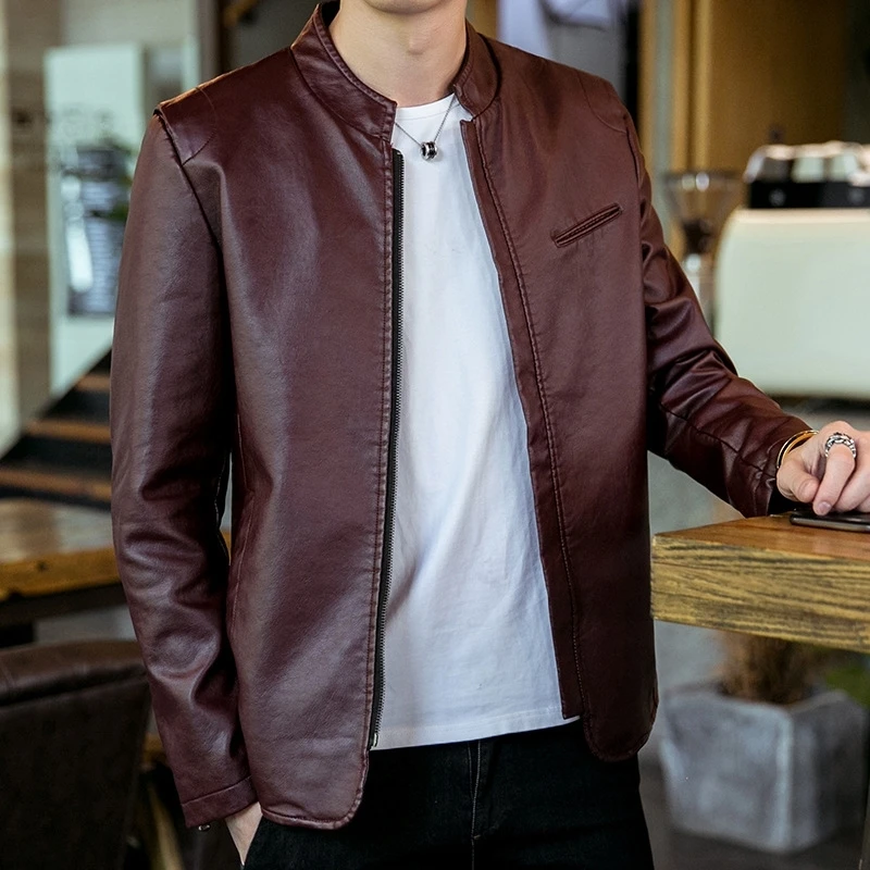 Куртка-бомбер мужская осенне-зимняя из искусственной кожи с воротником-стойкой