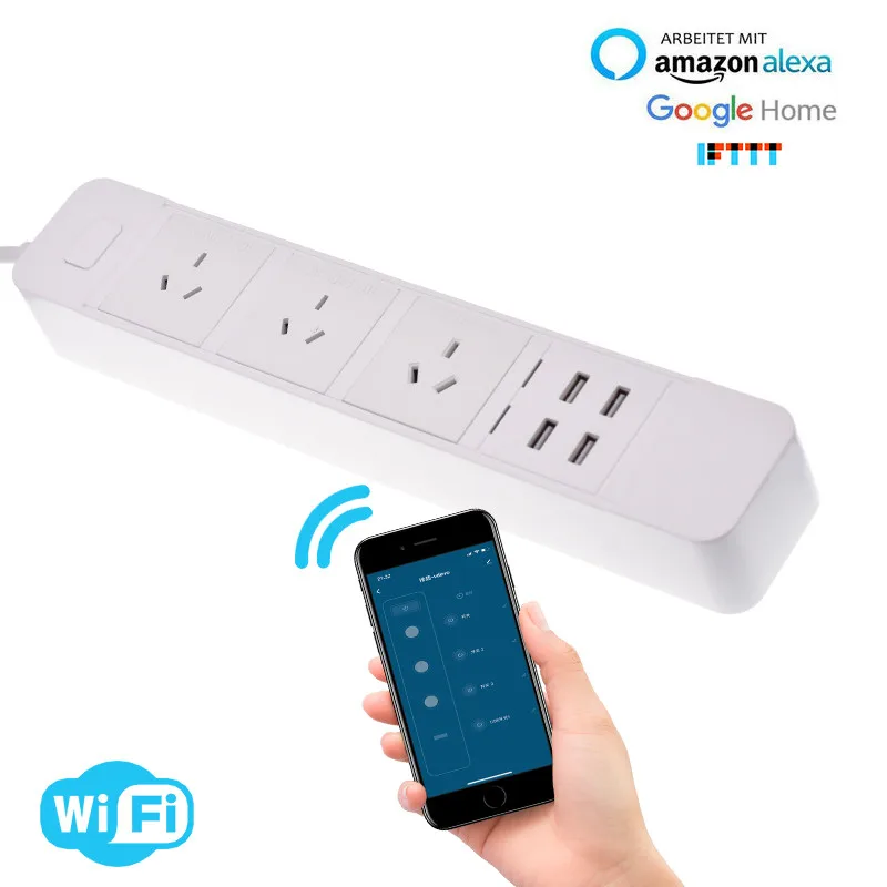Smart power strip WIFI AU works with alexa googlehome multi plug four takes 3 AC Socket 4 USB voice contro UK/EU/US/AU