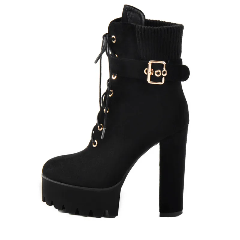 Onlymaker Women Platform Flock Ankle Boots Thick High Heel Buckle Strap Plus Size Black Fashion ladies Winter booties