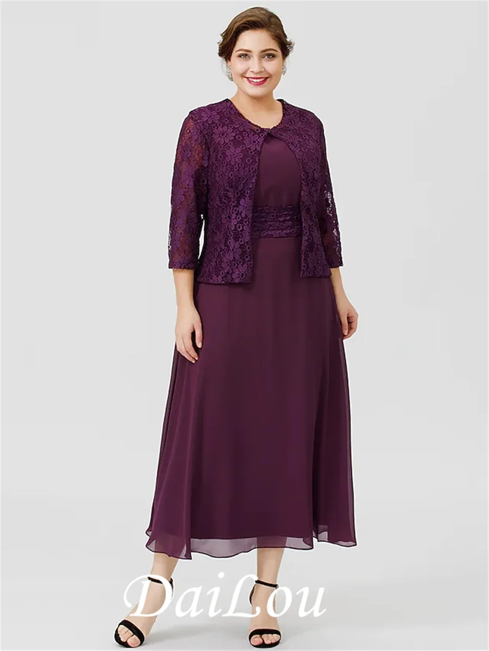 

A-Line Mother of the Bride Dress Classic Plus Size Wrap Included Chiffon Floral Lace with Sash / Ribbon Pleats 2021