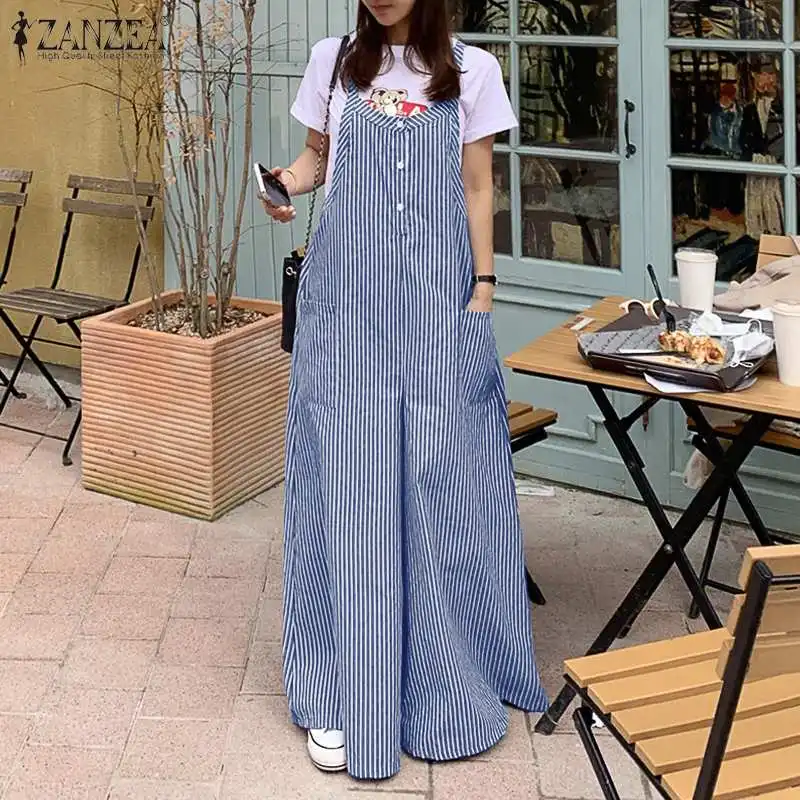 

Vintage Striped Jumpsuits Women's Summer Overalls 2021 ZANZEA Casual Wide Leg Pants Female Long Pantalon Palazzo Oversize Romper
