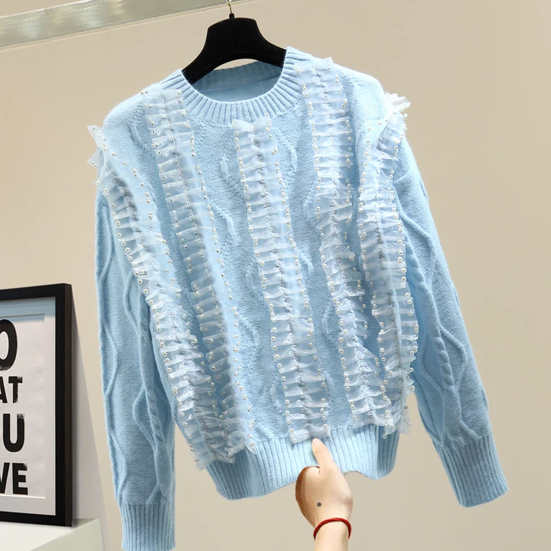 

Mesh Stitching Pleated Sweater 2020 Autumn Winter Knit Coat Heavy Industry Beads Striped Long Sleeve Sweaters Top Female Shirts