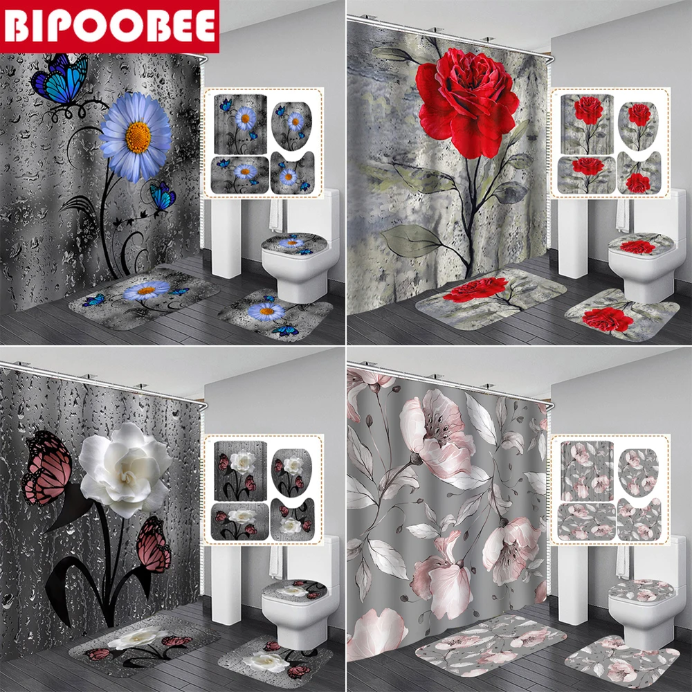 

Butterfly Rose Flowers Bathroom Curtain Set Bath Mat Sets Shower Curtains with Hooks Non-Slip Pedestal Rug Toilet Cover Carpet