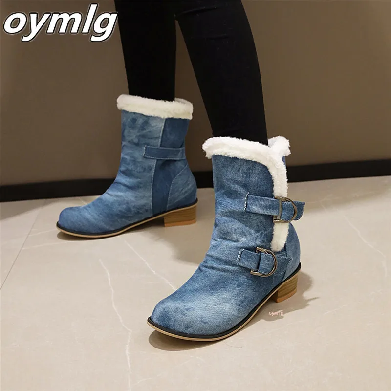 

High Quality Women Boots Keep Warm Plush Winter Shoes With Thick Fur Heels Ankle Snow Boots Ladies Denim Botas Mujer 2020