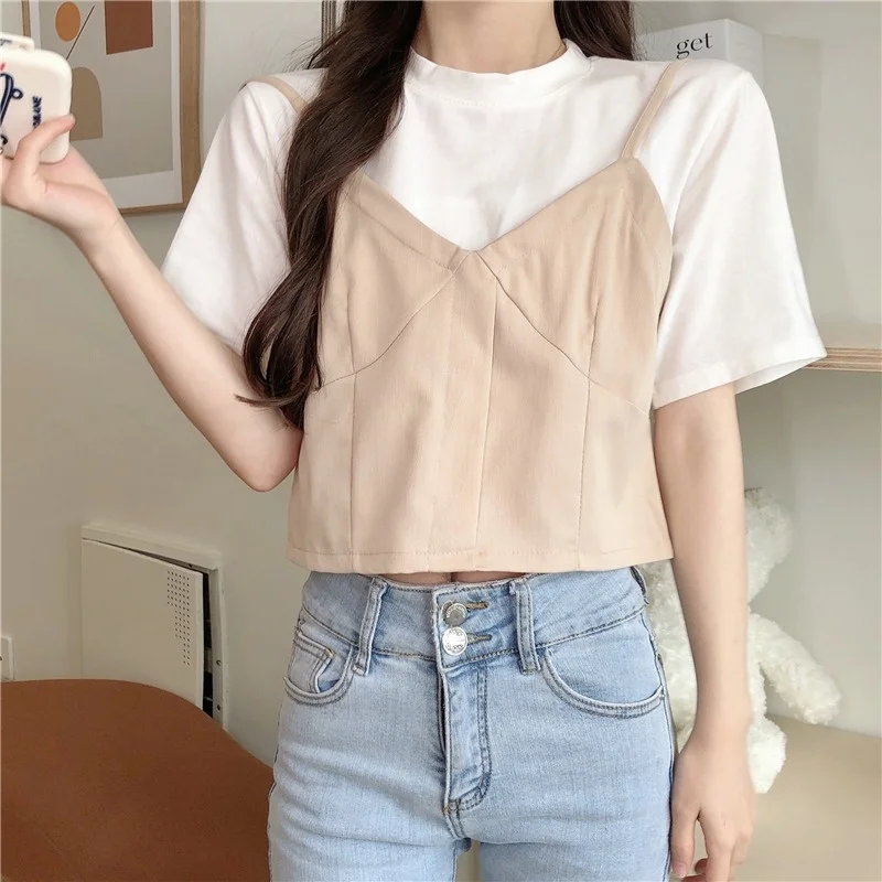 

French Top Design Sense Summer Two-Piece Contrast Color Hot T-shirt Female Super-Hot Short fafa_ootd