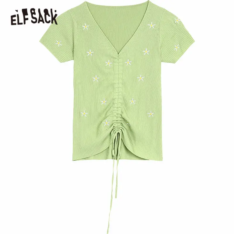 

ELFSACK Green Floral Embroidery Casual T-Shirt Women Top 2020 Spring New Red Drawstring Front Short Sleeve Girly Black Daily Tee