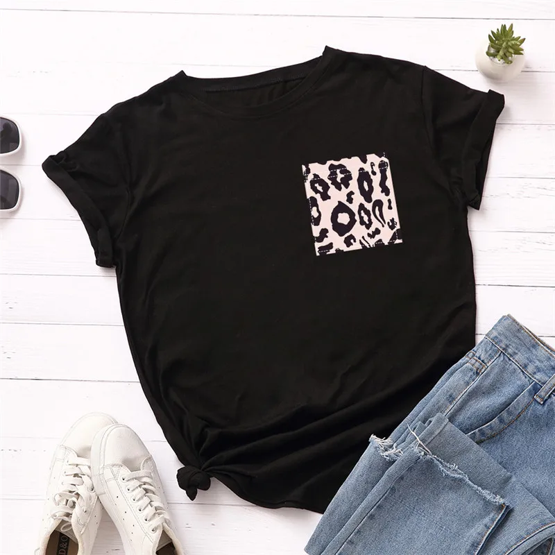 

Plus Size S-5XL Cotton T-Shirt Leopard Pocket Print T Shirt Women TShirt O Neck Short Sleeve Tees Summer Women Shirts Pink Tops