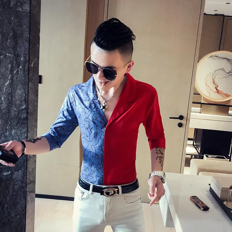 

Contrast Print Shirts Men 3/4 Sleeve Streetwear Shirts 2021 Summer Slim Fit Social Party Nightclub Hairstylist Clothing Camisa