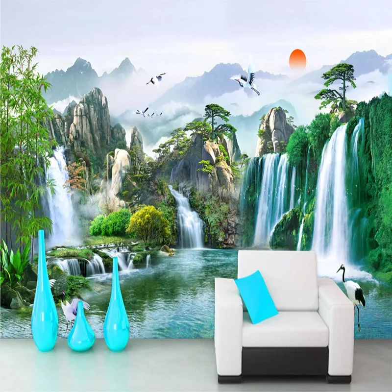 Пользовательские Настенные обои любого размера в китайском стиле водопады