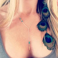 80 hot sell womens boho style feather drop pendant turquoise beads handmade chain necklace